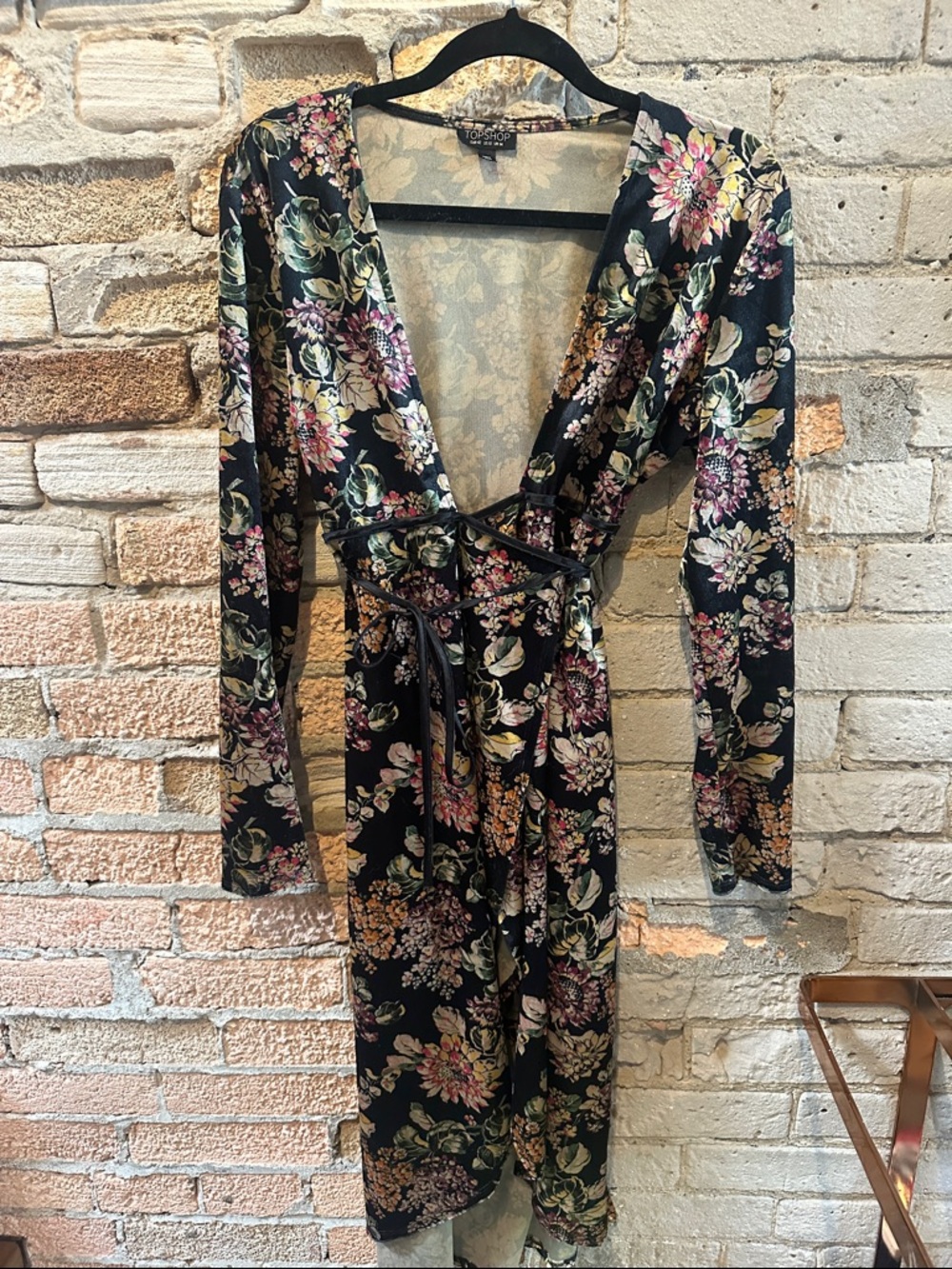Topshop Black Floral Wrap Dress with Self-Tie Waist